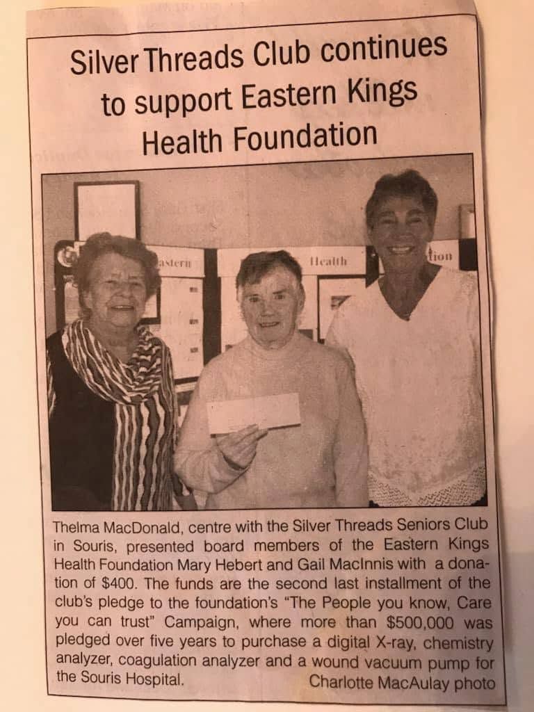 Silver Threads Club donation to the Eastern Kings Health Foundation